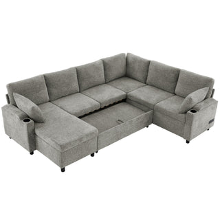 U-Shaped Sectional Sleeper Sofa With Ample Storage Space, 2 Cup Holders And Charging Ports For Living Room