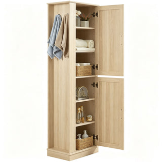 Tall Freestanding Bathroom Storage Cabinet With Adjustable Shelves And Side Hooks