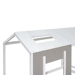 Twin Size House Platform Bed With Roof And Window - Natural / White