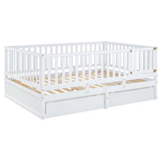 Daybed With Fence Guardrails And 2 Drawers, Split Into Independent Floor Bed & Daybed