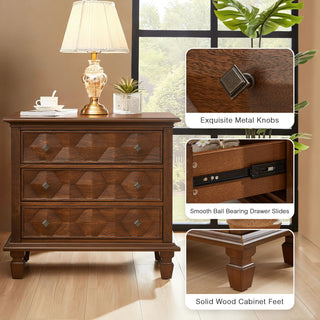 Nightstand With Charging Station, 3 Drawer Bedside Table - Walnut
