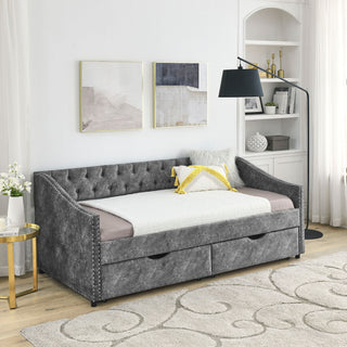 Upholstered Tufted Daybed With 2 Drawers, Waved Arms