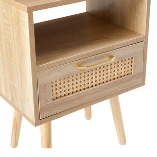 15.75" Rattan End Table With Power Outlet & USB Ports, Modern Nightstand With Drawer And Solid Wood Legs, Side Table For Living Room, Bedroom