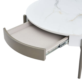 Modern Round Coffee Table With Storage Drawers Handcrafted Ceramic Inlay Tabletop 2 Tone Wood Legs Scandinavian Living Room Center Table - White / Gray