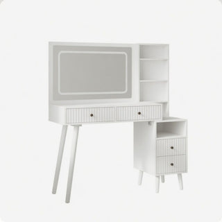 Fluted Vanity Desk With Lighted Mirror & Outlet 4 Drawer, Makeup Table - White