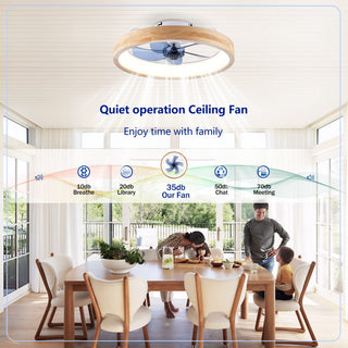Ceiling Fans With Lights And Remote, 3000 - 6500K Dimmable Flush Mount LED Fan Light, 6 Speeds, Quiet DC Motor For Living Room - Matte White / Natural Wood