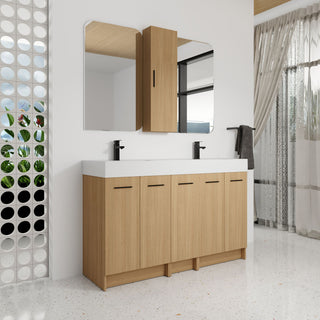Double Sink Bathroom Vanity Set With Tall Linen Cabinet, Extra Large Storage, Integrated Sink, Freestanding Cabinet - Light Oak / White