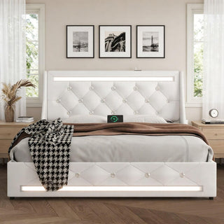 Wingback Upholstered Bed Frame With LED Lights, Charging Station