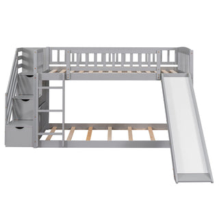 Twin Over Twin Bunk Stairway Bed With 2 Drawers And Slide - Gray