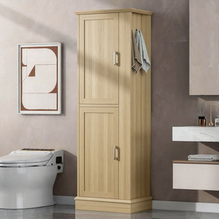 Tall Freestanding Bathroom Storage Cabinet With Adjustable Shelves And Side Hooks