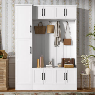 Tall Hall Tree With Shoe Storage, 4 In 1 Entryway Bench With 6 Cabinets, 4 Coat Hooks & Adjustable Shelf For Hallway - White