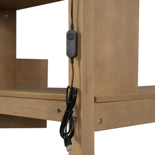 Loft Bed With Built In L Shaped Desk, LED Lights, Storage Shelves, Cabinets, And Staircase