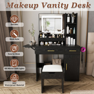 Vanity Desk With LED Mirror Lights And Charging Outlet