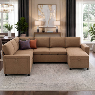 U - Shaped Convertible Sectional Sofa Bed With Storage, USB Charger & Cup Holders