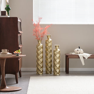 Metal Decorative Vase High Distress Metal Center Vase With 3D Triangle Pattern, (Set of 3) Vases For Home Decoration - Gold