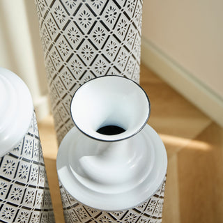 Modern Floor Vase Set Metal Vases With Geometric Pattern, 3 Piece Home Decor Set - White / Black