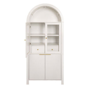 Fluted Tall Arched Pantry Cabinet With Adjustable Shelves, Glass Door & Hidden Drawer For Kitchen