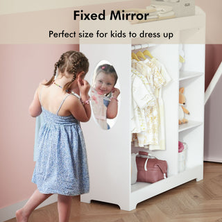 Dress Up Storage With Mirror And Hooks, Clothes Rack With Hanging Rod, 3 Side Hooks, Open Shelves, Top Shelf Organizer - White