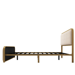 Queen Size Bed Frame With Curved Upholstered Headboard And Footboard - Beige / Gold