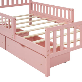 Platform Bed With Guardrails On Both Sides And 2 Storage Drawers