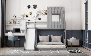 Loft Bunk Bed With Playhouse, Farmhouse, Ladder, Slide And Guardrails