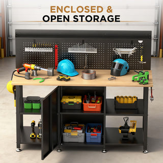 Workbench With Storage Cabinet And Pegboard - Black