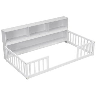 Floor Bed With Bedside Bookcase, Shelves, Guardrails