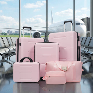 6 Piece Lightweight Hardshell Luggage Set With Double Spinner Wheels, Password Lock