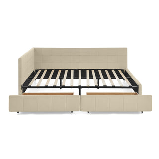 Mid-Century Storage Upholstered Tufted Bed Frame With Backrest And Armrests