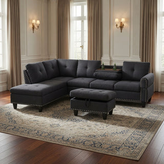 L - Shaped 3 Piece Sectional Sofa With Chaise, Storage Ottoman & Cup Holders