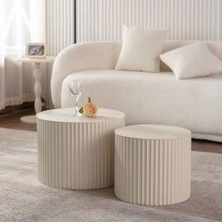 Drum Nesting Coffee Table With Wave Stripe Design For Living Room (Set of 2) - Beige / White