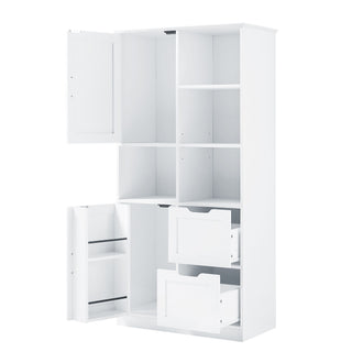 Freestanding Bathroom Storage Cabinet With Doors And Drawers, Adjustable Shelf, Open Shelves - White