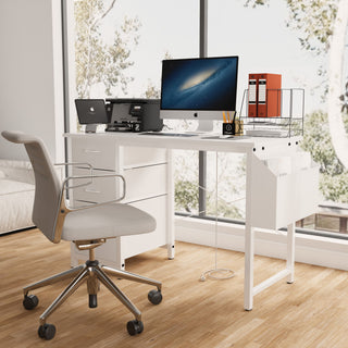 Office Desk With Power Outlet, 3 Drawers And Side Pocket For Office - White