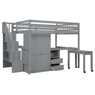 Loft Bed With Stairs, Bookshelf, Drawers, Desk & Wardrobe, Space Saving Multifunctional Furniture