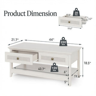 Coffee Table With Drawers & Storage Shelf - White