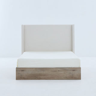 Shelton - Queen Upholstered Wingback Bed With 54" High Headboard - Ivory / Light Gray / Camel Oak