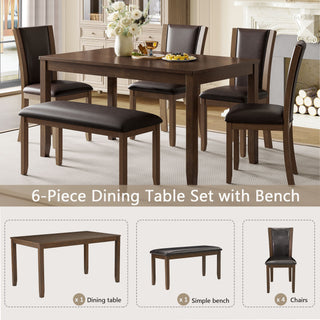 6 Piece Dining Table Set & Bench And Chairs For Dining Room - Dark Walnut