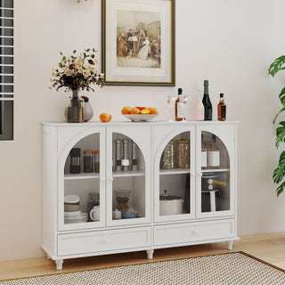White Arched Glass Sideboard Buffet Cabinet, 2 Drawers & 4 Glass Doors Storage Credenza, Display Cabinet With Adjustable Shelves, Modern Kitchen Cupboard For Dining Room Living Room Entryway