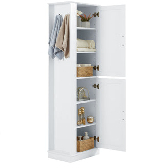 Tall Freestanding Bathroom Storage Cabinet With Adjustable Shelves And Side Hooks
