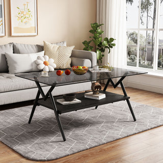 Rectangle Coffee Table With Tempered Glass Top And Shelf, Modern Table For Living Room