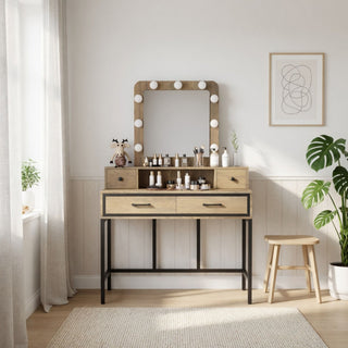 Vanity Desk With 3 Color Lighted Mirror And 4 Drawers