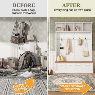 Hall Tree With Storage Bench Mudroom Coat Rack With 6 Hooks