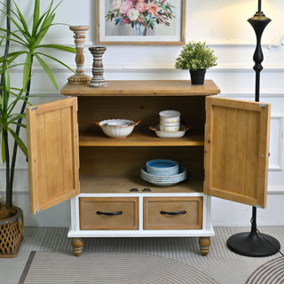 Accent Flower Carved Door Sideboard Cabinet With 2 Drawers For Kitchen - Natural Wood Wash / White