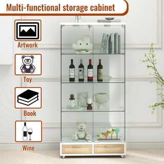 Glass Display Cabinet With LED Lights, Tempered Glass Doors, Large Drawers, 2 Door Storage Case With 4 Shelves - Natural / White