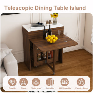 Extendable Dining Table With Power Socket, Lockable Casters, Storage Cabinet