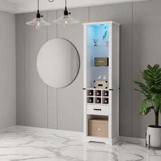 Pantry Cabinet With LED Lights, Wine Rack, Tempered Glass Shelves, And Barn Door Design - White