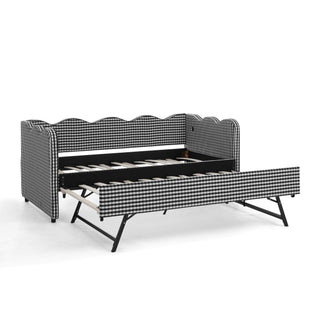 Gingham Daybed With USB Charging Port, Wave Shaped Design