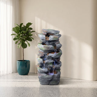 Rock Waterfall Outdoor Fountain With LED Lights - Gray