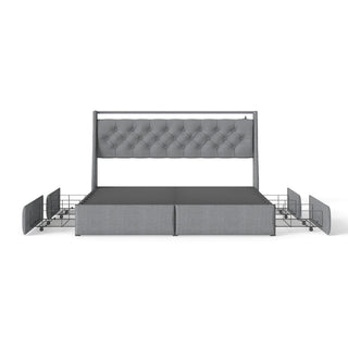 Queen Platform Bed Frame With RGB LED & Charging Station, Storage Headboard - Gray