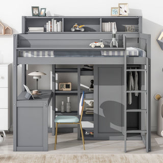 Loft Bed With Built In Desk, Storage Shelves, And Wardrobe